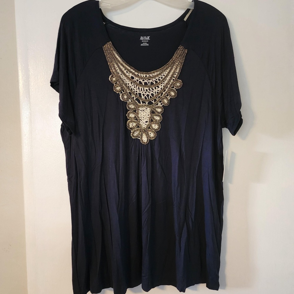 1X Navy Blue Flowy Top with Beaded Accents by Ana